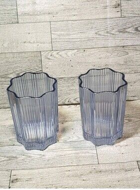 Glass Hause Blue Ribbed Flower Shaped Scallop Glasses Set Of 2 Limited Edition